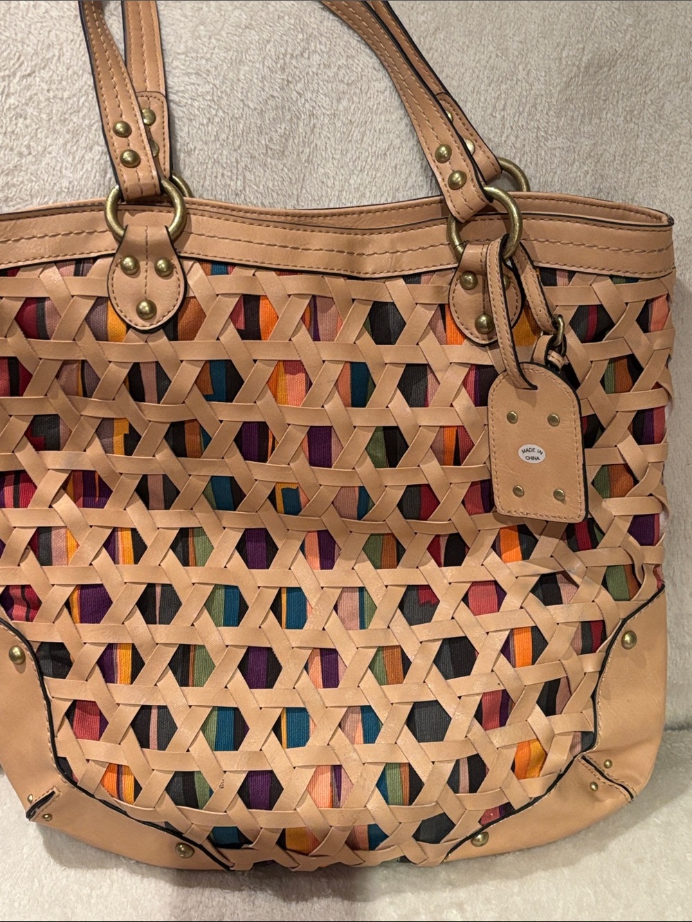 Beige Woven Tote Bag with Multicolor Lining - Designer Style Nine West
